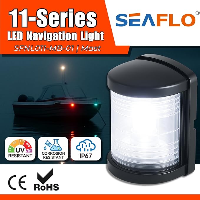 SEAFLO 11 Series Mini Sized LED White Masthead light Navigation Light – 12V, 1W, IP67 Waterproof, 2NM Visibility, High-Brightness, for Boats Under 65 ft (20m) – 4-Year Warranty (Masthead/Black)