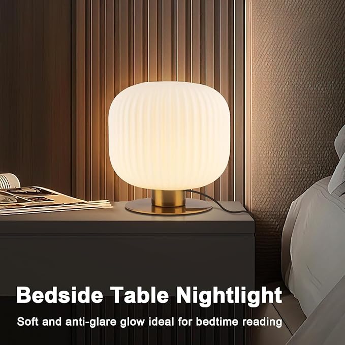 Bedroom Lamps Set of 2, White and Gold Bedside Lamp Milk Glass Table Lamp, MCM Table Lamp Vintage Nightstand Reading Lamp Small End Table Lamps for Living Room Office Study