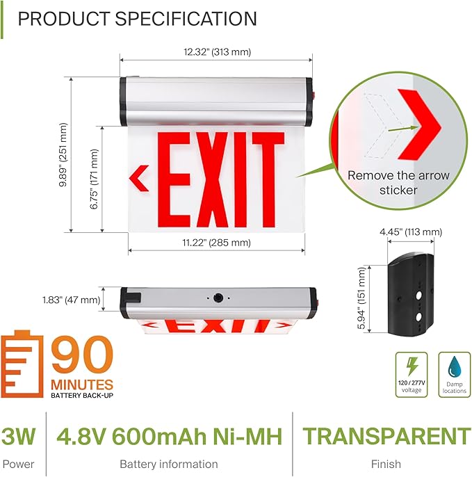 ASD LED Exit Sign with Battery Backup - 120/277V UL 3W Transparent Rotatable Emergency Exit Light for Business, Commercial Hardwired Damp Location Power Outage Lights, Red