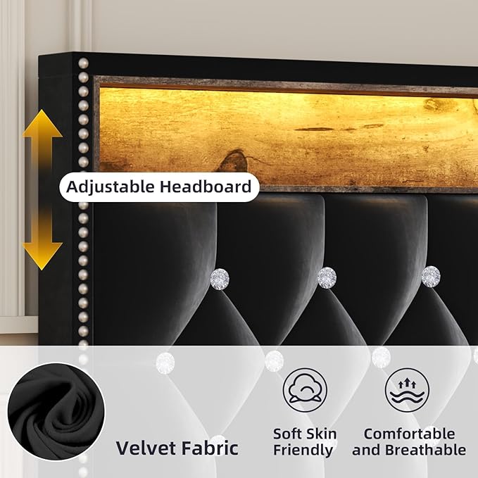 Queen Size Bed Frame with LED Lights and Headboard, Velvet Upholstered Bed Frames Queen with Charging Station and Storage, Modern Diamond and Rivet Design, No Box Spring Needed, Easy Assembly, Black