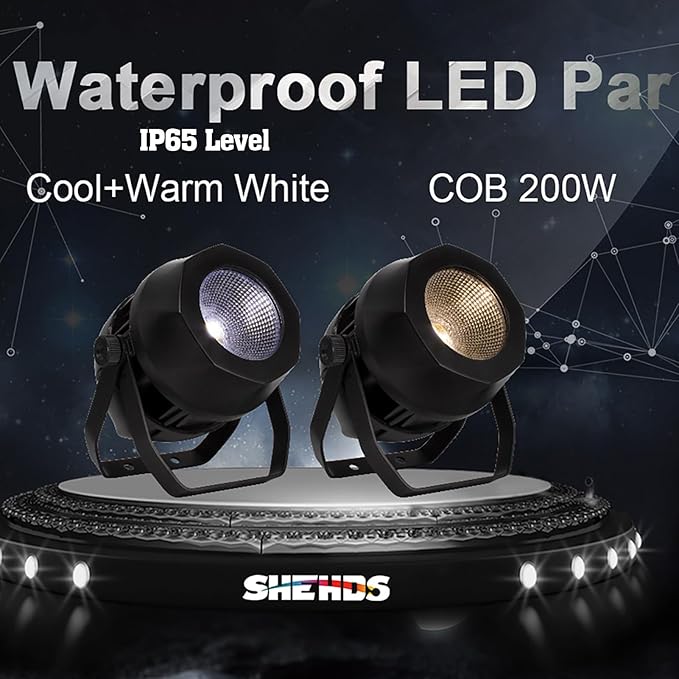 SHEHDS 200W Par Lights COB Uplights, IP65 Waterproof, Cool White + Warm White, Strobe&Wash Effect, Fanless Muted, DMX512 Control for Outdoor DJ Party Club Wedding Show