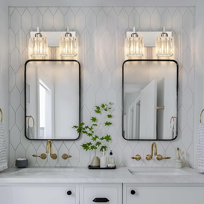 Modern Bathroom Vanity Light 2-Lights Brushed Nickel Vanity Light Crystal Wall Light Bathroom Light Fixtures