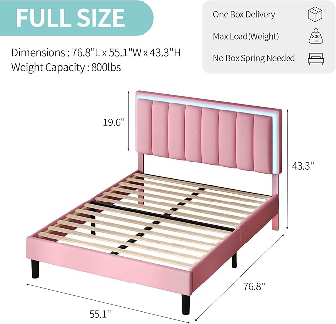 Full Size Bed Frame Pink, Upholstered Bed Frame Full with Headboard and LED Lights, Faux Leather Upholstered, Heavy Duty Wood Slats Support, Noise-Free, No Box Spring Needed, Easy Assembly, Pink