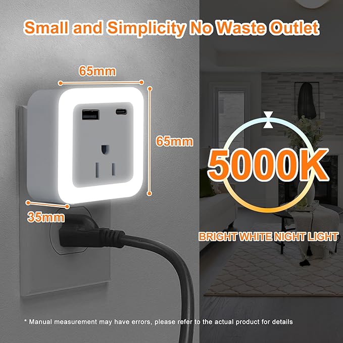 JackonLux Night Lights Plug Into Wall 2 Pack Rechargeable Battery Backup Light Dusk to Dawn Sensor Night Light with Outlet Expander for Adults Kids Bedroom, Kitchen, and Bathroom (Daylight - 5000K)