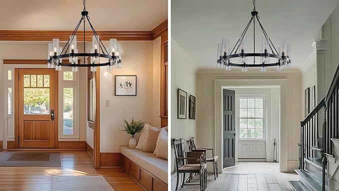32 Inch Black Wagon Wheel Chandelier with Glass Shade, 10 Lights, Modern Farmhouse Style, Ideal for Dining Room, Kitchen, Entryways