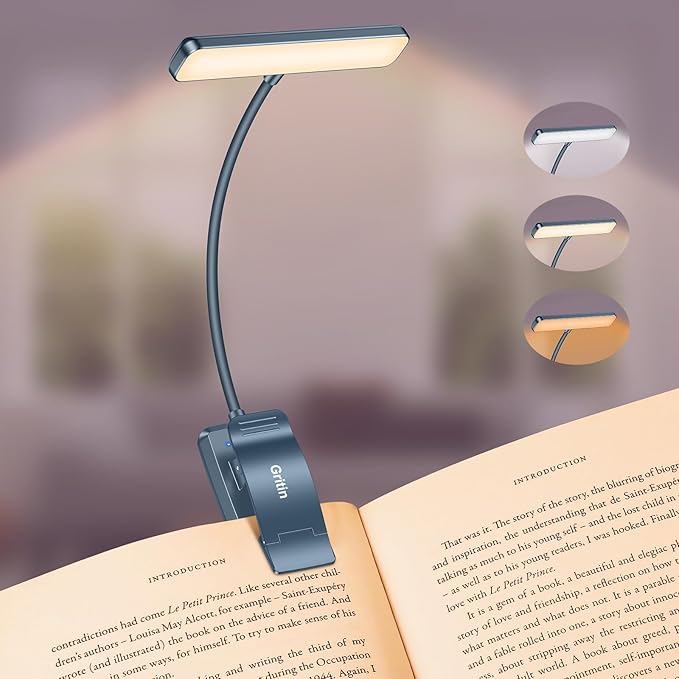 Gritin 19 LED Rechargeable Book Light for Reading in Bed with Memory Function- Eye Caring 3 Color Temperatures,Stepless Dimming Brightness,80 Hrs Runtime Clip on Light for Book Lovers-Pacific Blue