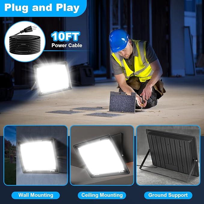 240W LED Flood Light with Plug, 14400Lm Super Brighter Security Lights with 6.6ft Wire, 5000K Daylight White IP66 Waterproof Outdoor Work Light Floodlight for Yard Stadium Garden, 2 Pack