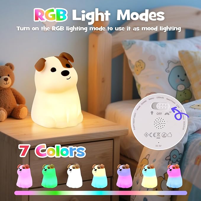Squishy Puppy Night Light with RGB Mode 3 Brightness Adjustable Nursery Breastfeeding Nightlight Cute Novelty Smile Dog Animal Lamp Rechargeable Silicone Touch Bedside Lamp for Bedroom Dorm Decor
