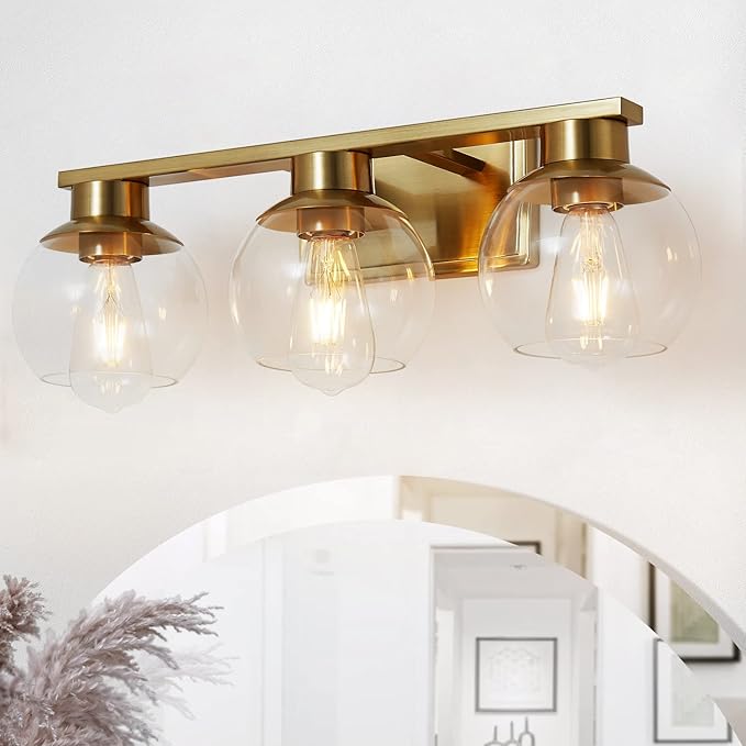 3-Light Brushed Brass Bathroom Vanity Lights, Gold Bathroom Light Fixtures Over Mirror with Globe Glass Shade, 22in Modern Wall Sconces for Bath Mirror Bedroom Hallway, E26 Base (Bulbs Not Included)