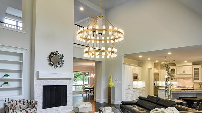 48 Inch Gold Wagon Wheel Chandelier with Crystal Shade, 2 Tier 80 Lights, Modern Farmhouse Style, Ideal for Dining Room, Kitchen, Entryways
