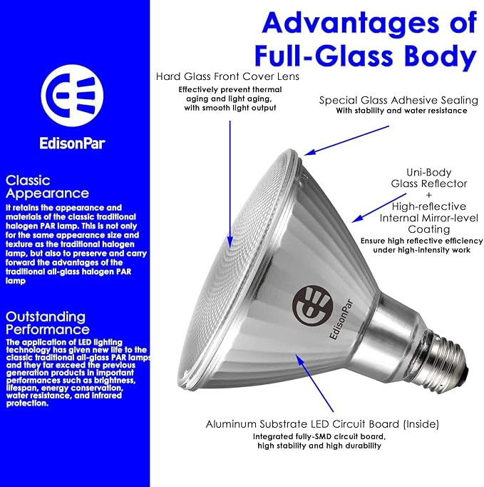 Full-Glass PAR38 LED Flood Light Bulbs Outdoor/Indoor Equivalent 350 Watt, 5500 Lumens Ultra Bright, Non-Dimmable Waterproof 5000K Daylight, 2-Pack