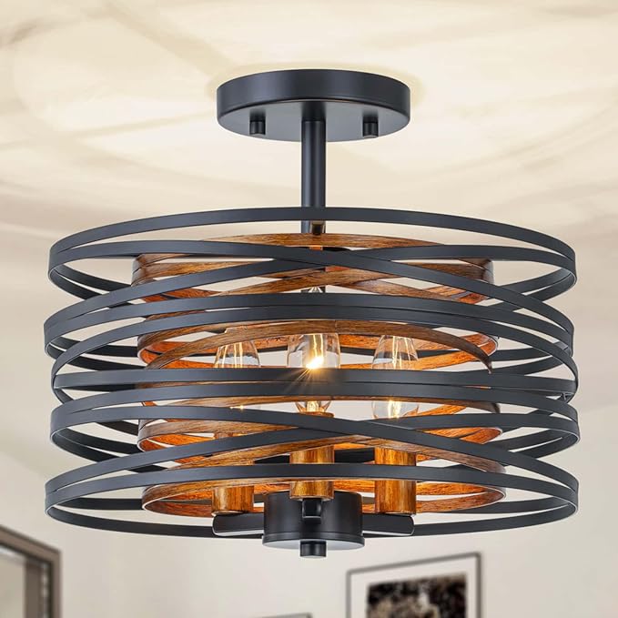3-Lights Farmhouse Ceiling Light Fixture, Rustic Close to Ceiling Semi-Flushmount, Perfect Lamp for Living Room, Foyer, Kitchen, D12.6 x H11, Matte Black & Wood Texture Finish