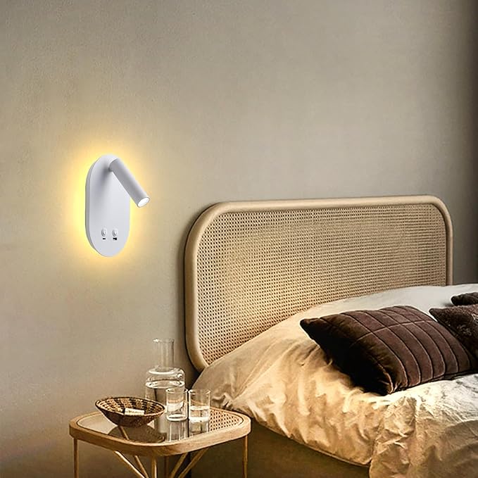 LED Wall Lamp Wall Mounted Reading Lights, Plug in Wall Sconces Set of 2, Multifunctional Wall Light with USB Type C Ports, Adjustable Headboard Spotlight 3W Book Light and 9W Night Light (White)
