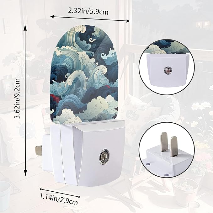 Japanese Style Waves Night Light,Blue Night Lights Plug into Wall with Dusk to Dawn Sensor,Lamp for Bedroom Bathroom Hallway Nightlight for Women Girls