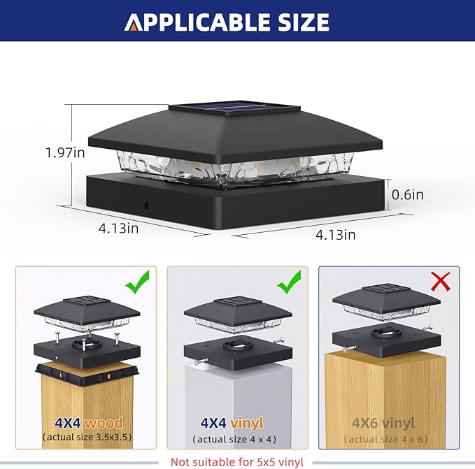 APONUO 4x4 Solar Post Cap Lights, 12 Pack Black for Wood/Vinyl Posts - IP64 Waterproof, 3000K Warm White LED, No-Wire Fence Lights & Deck Lights for Patio Garden Yard Patio