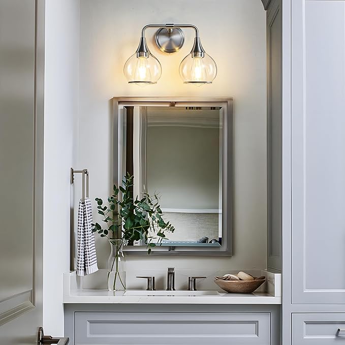 Brushed Nickel Bathroom Vanity Light 2 Lights Bathroom Light Fixtures Over Mirror with Clear Glass Shade 14 inch Wall Sconce Lighting Bath(Exclude E26 Bulb)