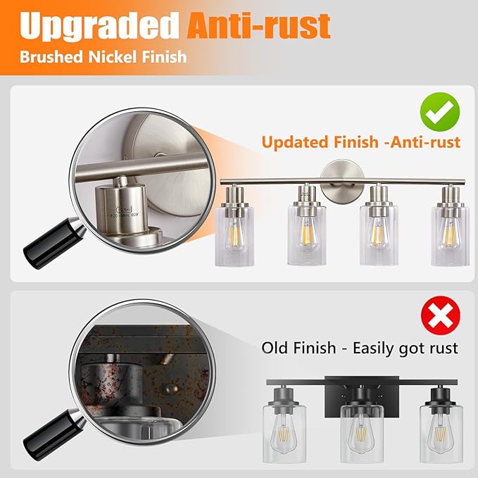 DLLT 4-Light Bathroom Light Fixtures: Nickel Modern Vanity Lights with E26 Bulbs - Clear Glass Shade Bathroom Wall Lamp for Mirror Kitchen Living Room Hallway Cabinet Porch