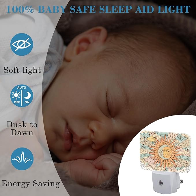Vintage Mystical Astrology Night Light, Sun and Moon Nightlight Plug into Wall with Dusk to Dawn Sensor for Kid Girls Boys Women Men Bedroom, Hallway, Kitchen, Bathroom, Stairs Decor