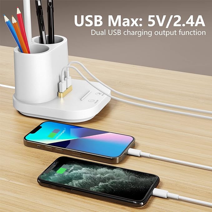 LED Desk Lamp with USB Charging Port Touch Control 3 Color Modes, Stepless Dimming,Eye-Caring LED Table Lamp for Home,Office,Bedroom,Reading,Work,Study,Gooseneck Lamp, 5V, 2.4A