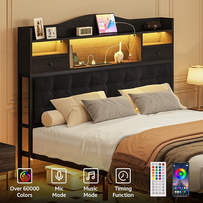 Queen Bed Frame with Storage Headboard and Drawers, Metal Platform Black Bed Frame Queen Size with LED Lights and Charging Station, Velvet Upholstered Tufted Bed Frames, No Box Spring Needed
