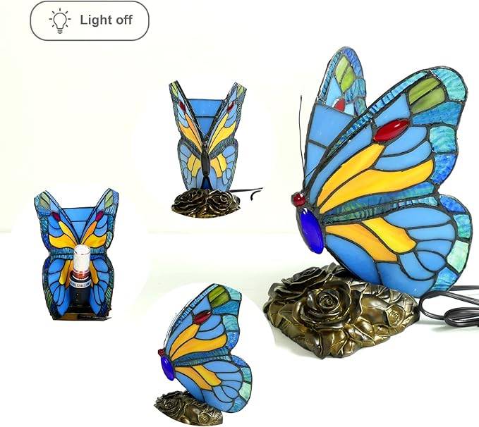 Tiffany Style Butterfly Lamp Handmade Bedside Table Lamp Blue Stained Glass Desk Lamp Colorful Small Night Light Reading Lamp for Living Room Bedroom Farmhouse Hotel Lamp