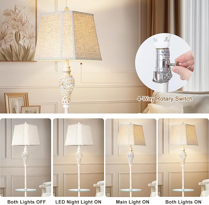 Vintage Floor Lamp with Nightlight and Glass Tray, Farmhouse Standing Lamp with White Washed Finish and Linen Shade, 65" Rustic Tall Lamp Decor for Living Room, Bedroom, Office, House (Bulb Included)
