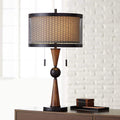 Franklin Iron Works Hunter Rustic Farmhouse 3-Way Table Lamp with Table Top Dimmer 29.75" Tall Bronze Cherry Wood Finish Double Drum Shade Decor for Living Room Bedroom House Bedside Nightstand Home