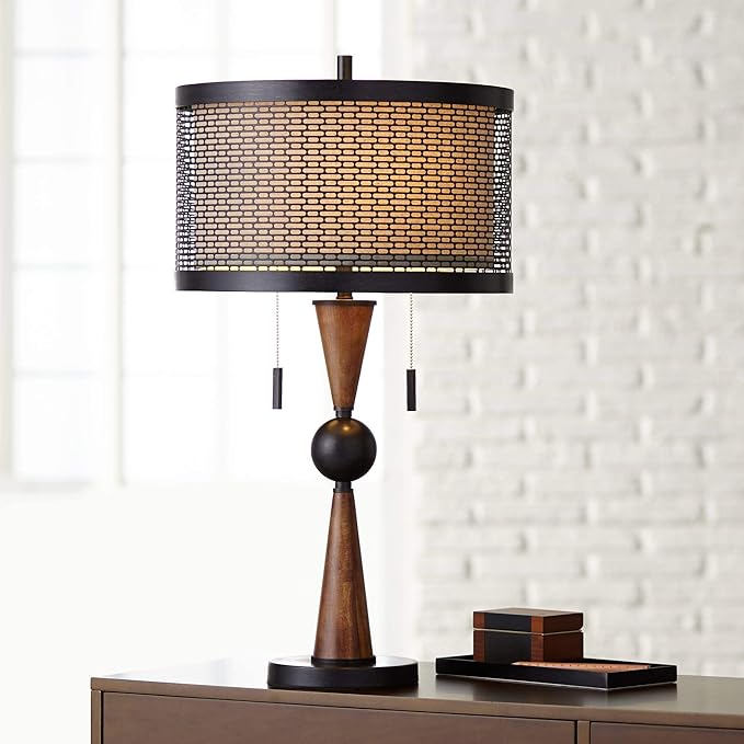 Franklin Iron Works Hunter Rustic Farmhouse 3-Way Table Lamp with Table Top Dimmer 29.75" Tall Bronze Cherry Wood Finish Double Drum Shade Decor for Living Room Bedroom House Bedside Nightstand Home