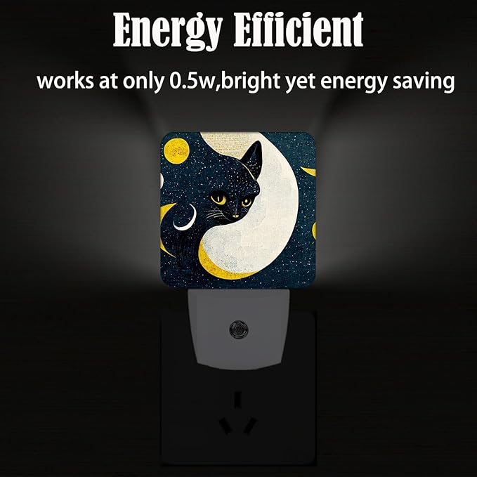 Black Cat Moon Night Light,Plug Into Wall for Boys Girls Bedroom Decorative Square Night Light Lamp 0.5w Sleep Friendly