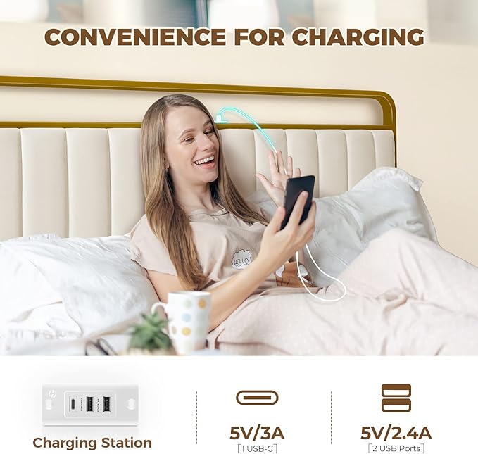 Rolanstar Twin Size Bed Frame with LED Light and Charging Station, Upholstered Headboard and Footboard, Metal Slat, Golden