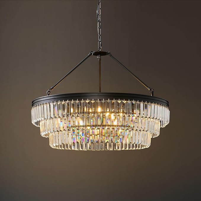 Black Modern Round Crystal Chandelier: 28" K9 Luxury Crystals Contemporary Chandeliers for Dining Room Lights over Table - Adjustable Large Light Chandelier for Bedroom Living Kitchen Entryway Foyer