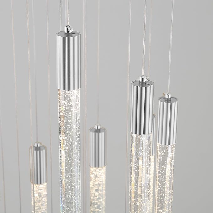 Modern 4-Light Crystal Pendant Chandelier – Rectangular Silver LED Ceiling Light with Cylindrical Crystals for Staircase, Foyer, Living Room, Hallway, Bedroom