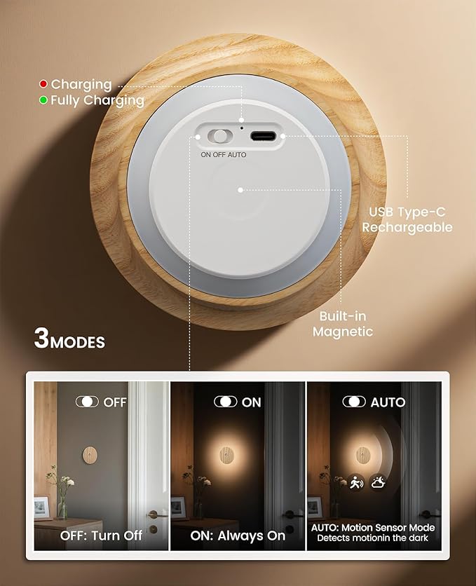 Motion Sensor Night Light Wood, Rechargeable Battery-Powered Magnetic Stick-On Night Light Wall Light for Indoor Stairs, Hallway, and Bedroom (Ash Wood *1Pack)
