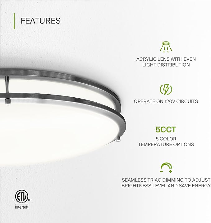 ASD LED 32" Oval Flush Mount Lighting, Close to Ceiling Light Fixture | 5CCT, Dimmable, ETL Listed | 50W 3960LM 2700-5000K 120V | Low Profile Double Ring Lamp | Nickel