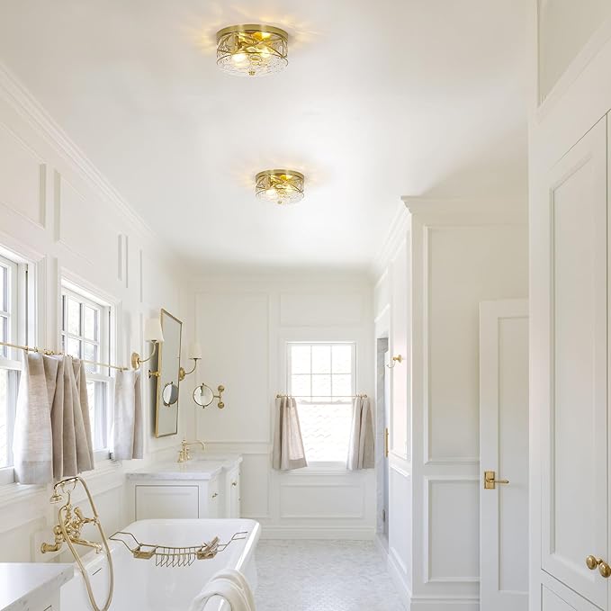 LamQee 9.8" Small Flush Mount Ceiling Light with Clear Hammered Glass, Brushed Gold Hallway Light Fixtures Ceiling Mount for Bathroom, 2-Lights Farmhouse Close to Ceiling Light Kitchen Foyer Bedroom