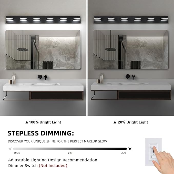 6-Light Bathroom Vanity Light Over Mirror, Matte Black LED Vanity Lighting Fixtures, Modern Bathroom Wall Light Fixtures with 360°Rotating Lamp Head (Cool White 5500K) (Black, 47Inch)