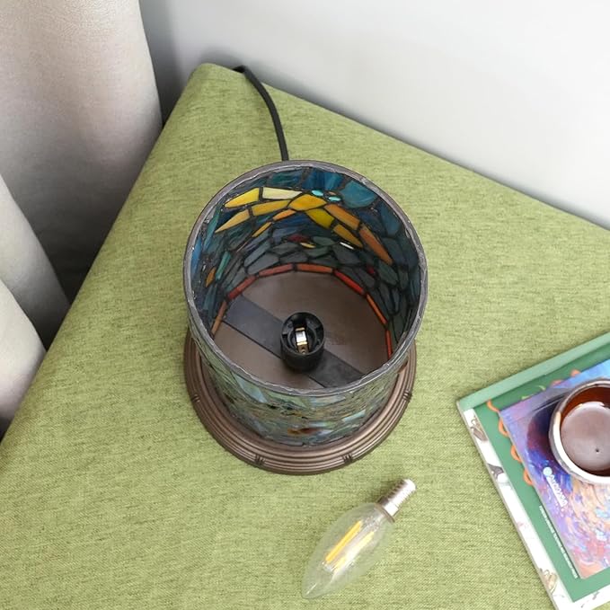 Tiffany lamp Stained Glass Table lamp Teal Dragonfly Style Bedroom Bedside Flower Vase Decor Green Small Night Light Mini Cute Kids Accent Unique LED Cottage Aesthetic Nightstand Cylinder Desk lamp