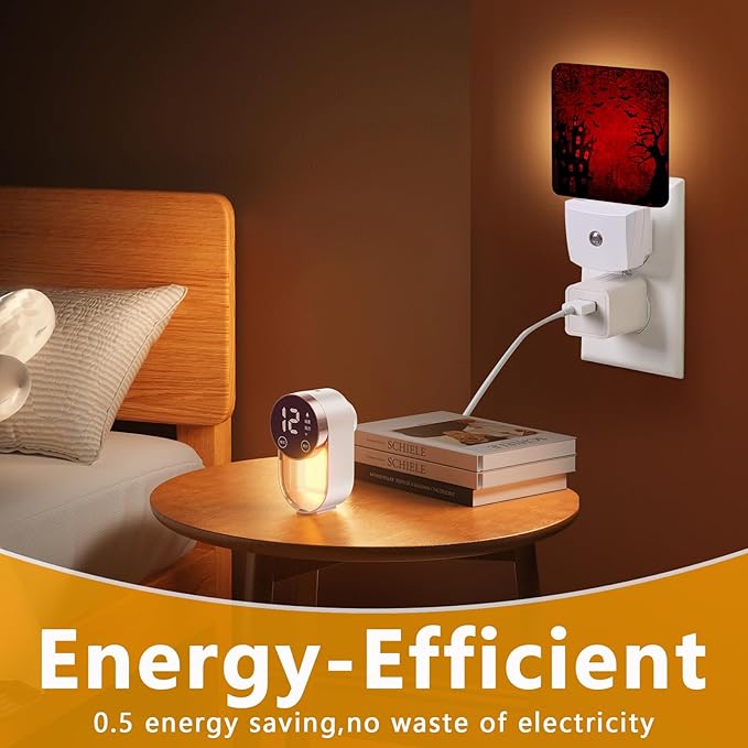 Halloween Night Light, Plug-into Red Black Red Black Bats Spider Ghost Nightlight White LED Lamp, Energy Efficient Decor Desk Lamp for Bedroom Hallway Stairs Bathroom