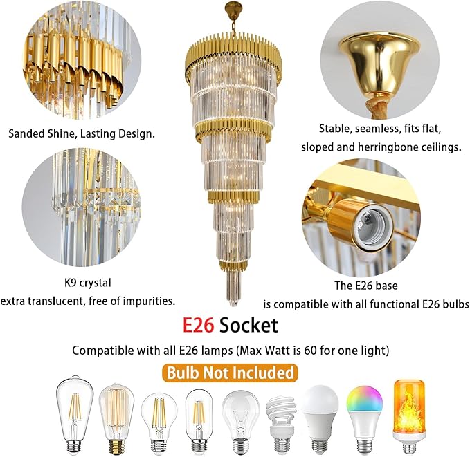 Large Crystal Chandelier Modern 32-Inch Gold Round Foyer Light Fixture 19-Light 7-Tier Luxury K9 Crystal Chandelier for High Ceilings Living Room, Staircase and Entryway