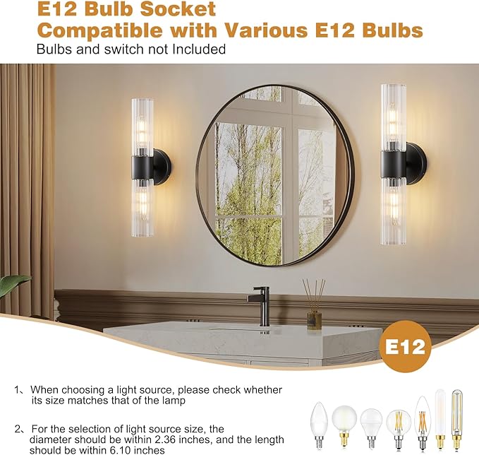 Bathroom Light Fixtures 2-Light, Modern Vanity Light for Bathroom, Wall Sconce, Bath Light with Glass Rods Shades for Mirror Bedroom Hallway (Black)