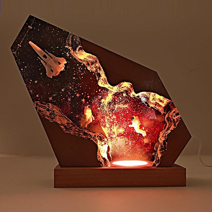 Space Resin Lamp - Handmade Galaxy Resin Night Light with USB Port, Variable Lights, Space Gifts for Adults, Astronaut Enthusiast Collectibles, Unique Birthday Gifts for Him & Her (10"x6")