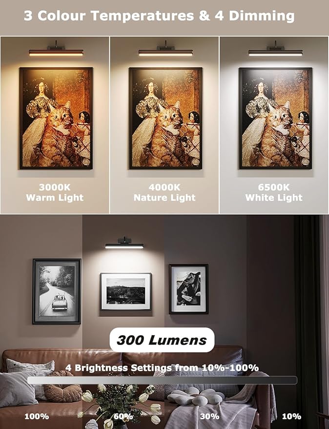 16in Wireless Picture Light with Remote, Battery Operated Picture Lights for Wall 5000mAh, 3 Color Modes and Dimmable LED Art Lighting with Timer for Painting, Frame, Gallery, Bedroom (Black-1Pack)