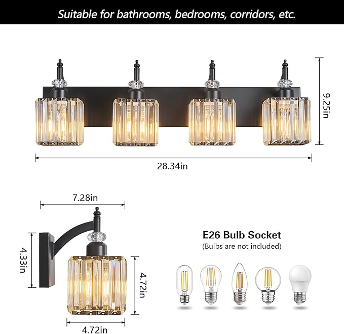 Modern Bathroom Vanity Light 4-Light Black Crystal Light Fixtures Over Mirror for Bathroom Wall Sconce