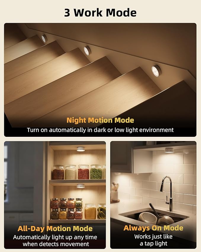 EZVALO 8 Pack Motion Sensor Closet Lights, 1200mAh Rechargeable LED Night Lights, Under Cabinet Lights, Puck Light, Dimmable, 3 Color Temps, Magnetic, Stick on for Kitchen, Stairs, Bathroom