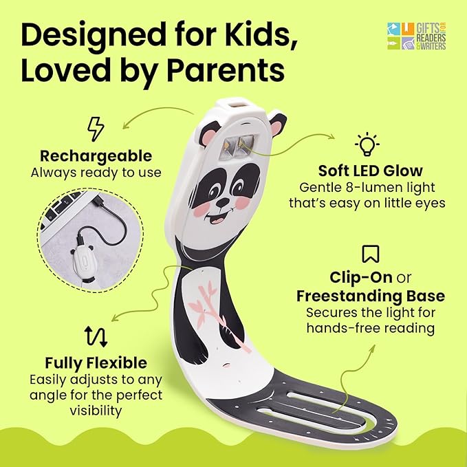 Gifts for Readers & Writers Bookmark Reading Lights Panda 2in1 Clip On Bookmark Kids Light for Reading in Bed, Rechargeable Travel Cute Lights, 20 Lumen LED