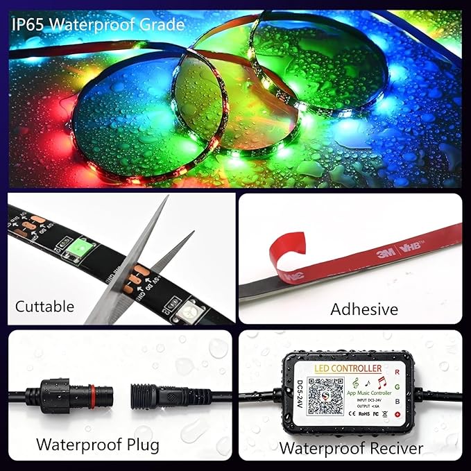 Smart WS2812B RGB+IC Addressable Led Strip Light, 16.4FT 5V USB Powered Around Snowboard Lights, IP65 Waterproof Dream Color Chasing Boat Lights for Golf Cart, RV, Home, APP/Remote Control, Cuttable