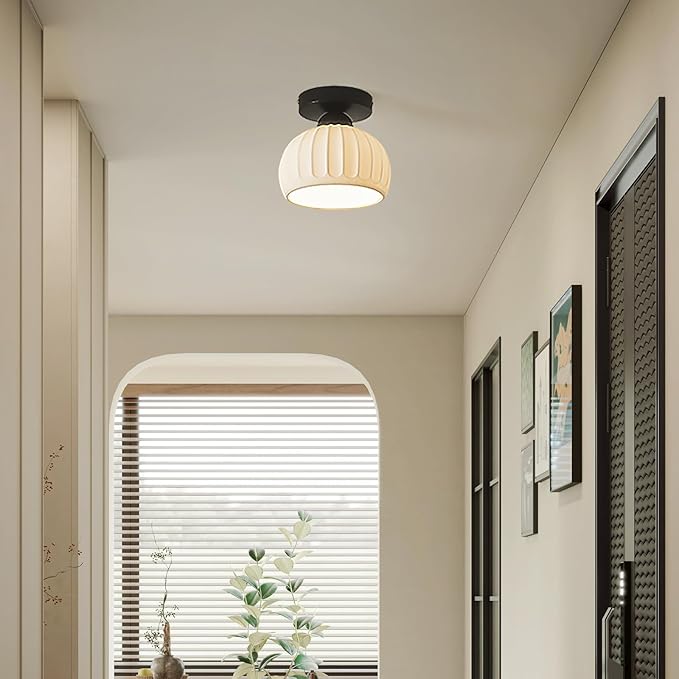 2 Pack White Ceramic Black Base Semi Flush Mount Ceiling Light Vintage Hallway Light Fixtures, Modern Small Flush Mount Ceiling Light Lamp for Hall Kitchen Entryway Passway Porch Foyer