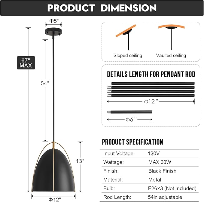 Black Dome Pendant Light 3 Light Socket Large Pendant Light Fixture with Adjustable Pendant Rod 12in Black Gold Pendant Lighting for Kitchen Island Dining Room Kitchen Sink, E26
