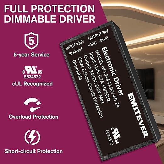 EMITEVER 60W 24V Dimmable LED Driver, Electronic Transformer, 120V AC to 24V DC Power Supply, Compatible with Lutron & Leviton Switches Dimmer for LED Strips Smooth Dimming, Class 2, ETL Certified