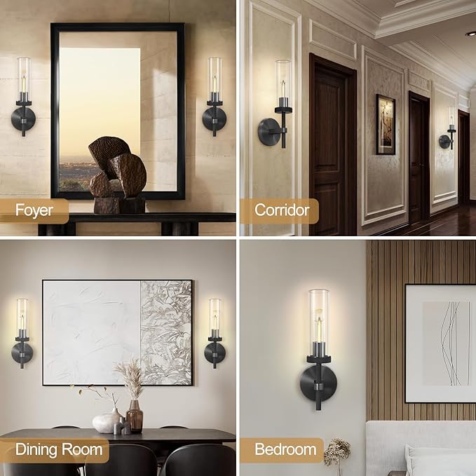 Black Wall Sconces Set of Two, 14" Bathroom Vanity Sconce Light, Glass Tube Wall Sconces, Sconces Wall Lighting Indoors, Wall Lights for Mirror, Living Room, Bedroom, Hallway (including bulb)
